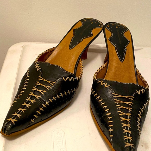 Pazzo Sexy Blue with beige stitching Leather Wood Slides 9 1/2 M - Picture 2 of 8